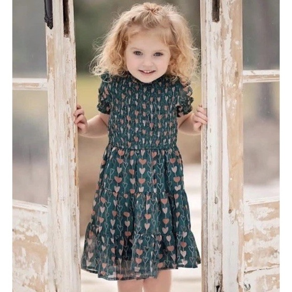 Ivy City Co Girls Ellie Heart Dress 6/7 Green Pink Smocked Tiered Party Church